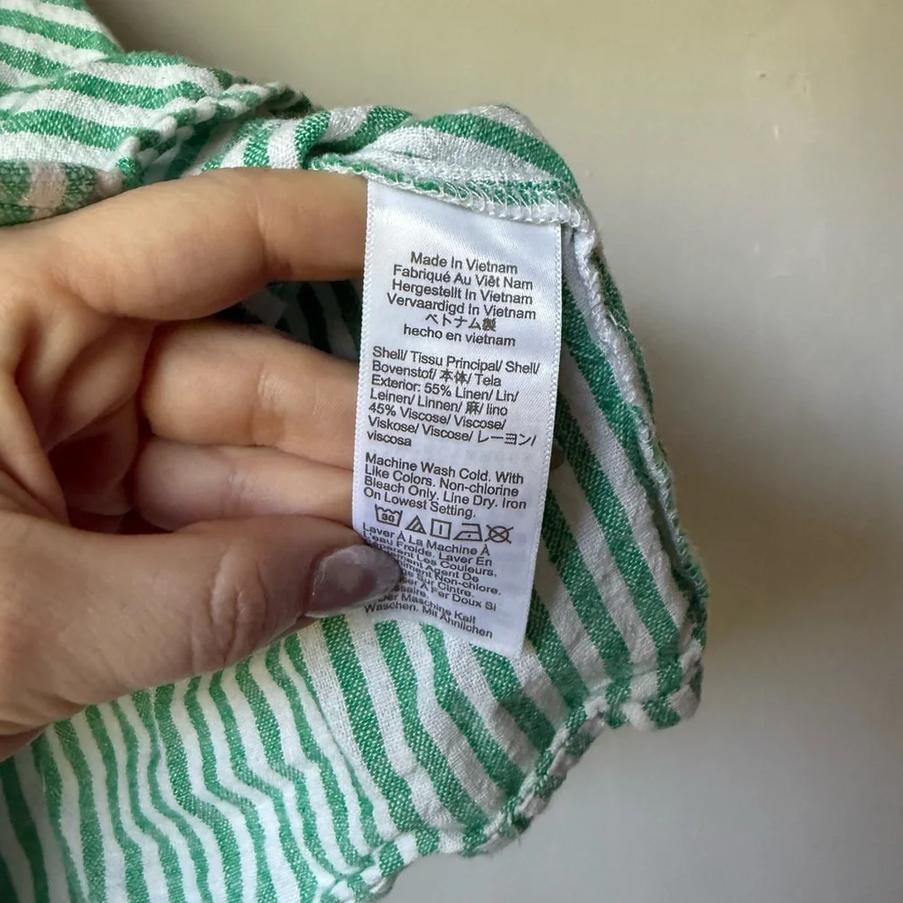 J. Crew Green Stripe Linen-blend button-front tank top with ruffle straps M